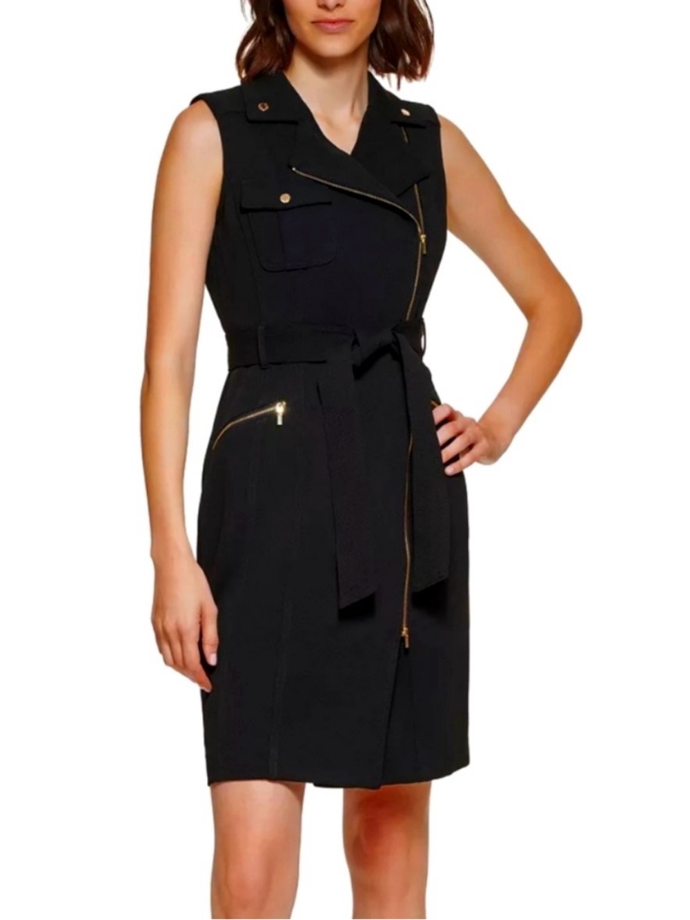 Calvin Klein BlackSleeveless Stretch Crepe Moto Dress.